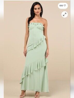 Lulus Dramatic Allure Sage Green Ruffled Cutout Strapless Maxi Dress Size XS